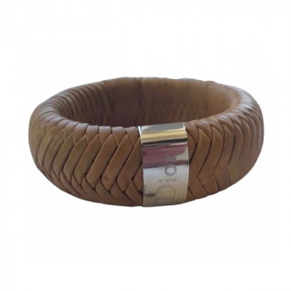 Dior camel leather cuff with metal harware logo engraving 