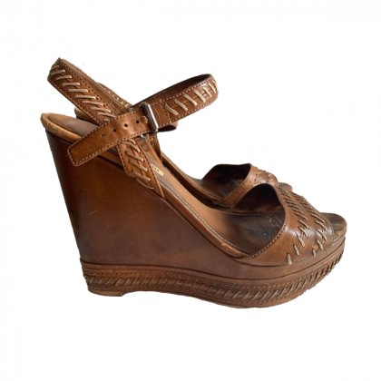 MIU MIU Brown Leather Wooden Wedge Sandals size IT40
